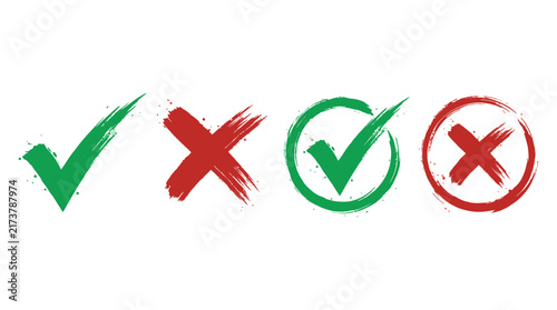 Grungy brush stroke check marks and cross symbols for creative vector graphic design element sets