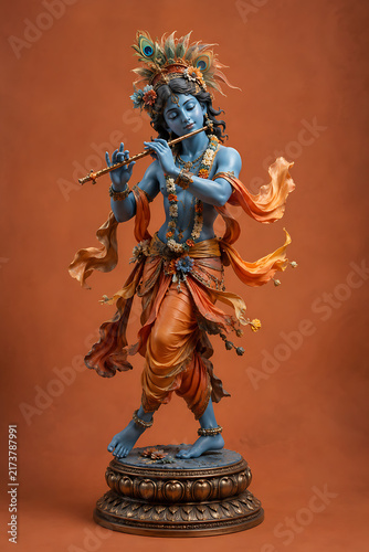 Elegant Divine Idol of Lord Krishna Playing Flute Standing Gracefully on Lotus Base Adorned with Traditional Peacock Feather Crown and Beautiful Floral Garlands
