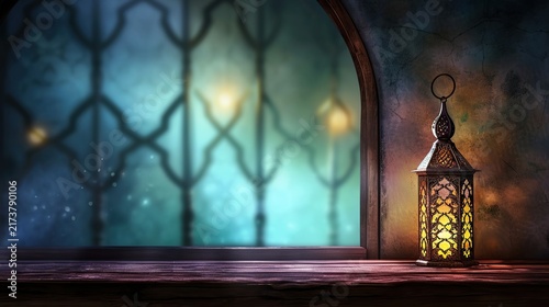 A Lantern Sits on a Windowsill Behind Ornate Wrought-Iron Bars Casting Warm Night Glow