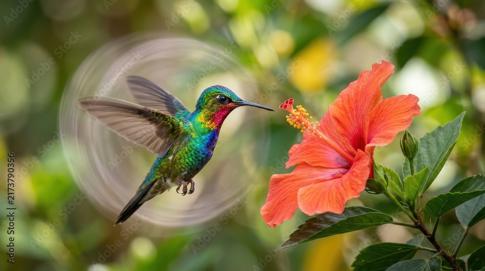 Naklejka premium Vibrant Hummingbird Hovering Near a Bright Orange Hibiscus Flower in a Lush Tropical Garden