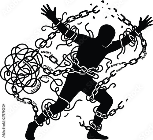 Black silhouette figure struggling against heavy metal chains representing overwhelming mental pressure and deep internal anxiety