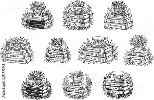 Floral Teacup Book Stack SVG
