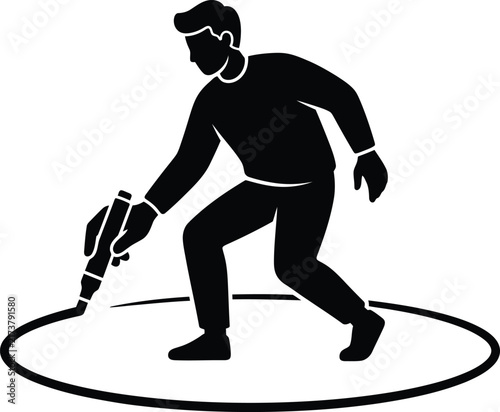 Man drawing a perfect circle around himself using a black marker in this minimal illustration