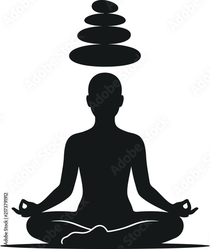 Minimalist silhouette of meditating person in lotus pose with balanced Zen stones above their head