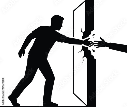 Man reaches through a shattered solid wall to shake hands with a mysterious hidden partner