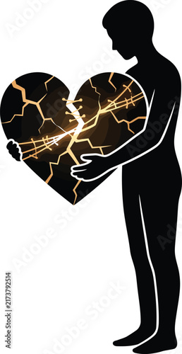 Silhouette of person holding a glowing stitched broken heart against a clean bright white studio background