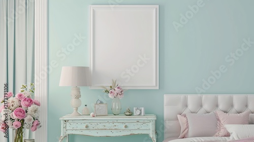 A Serene Pastel Blue Bedroom Interior with White Furniture, Florals and Soft Light