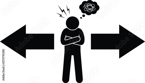 Confused stick figure standing between two large directional arrows showing stress and difficult decision making process