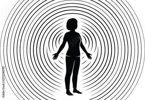 Silhouette of a woman standing calmly with arms outstretched amidst repeating black concentric circular line patterns