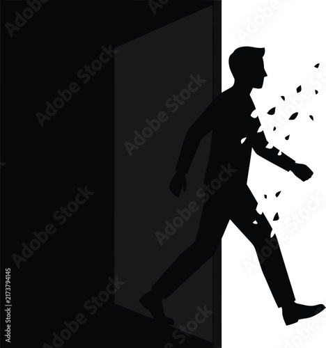 Silhouette of a man exiting through an open doorway into light with fragmented digital particles