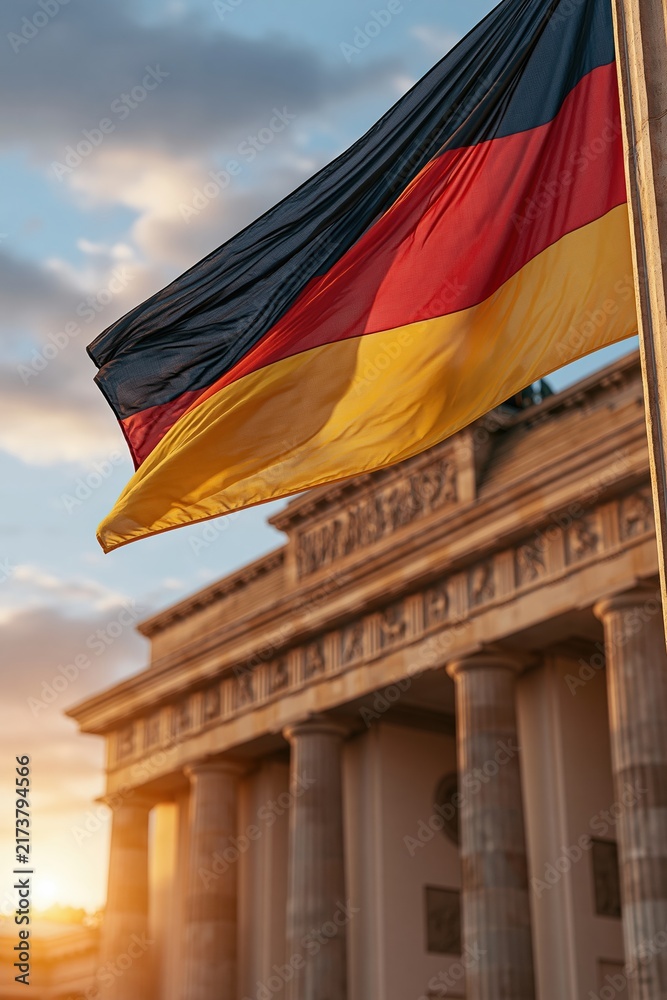 Naklejka premium German flag waving against Brandenburg Gate sunset