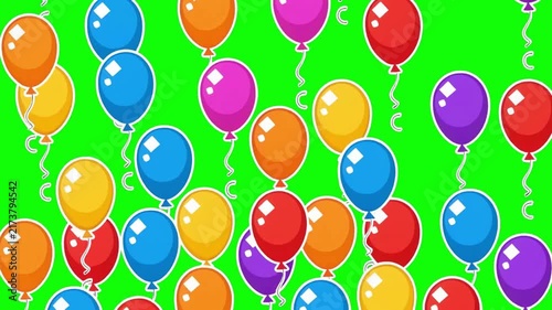 Colorful cartoon balloons floating up animation on green screen background