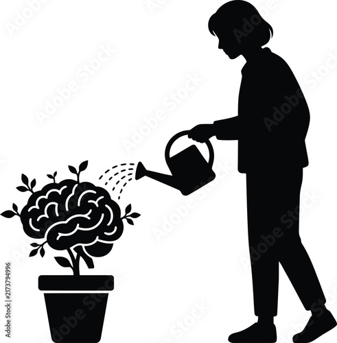 Silhouette of a person watering a brain plant in a pot using a small metal can
