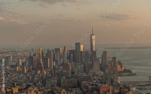 Beautiful panoramic aerial Manhattan, Jersey City, and Hudson River at sunset, New York City