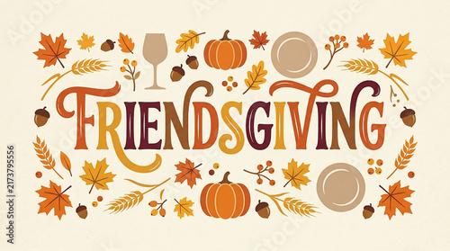 Friendsgiving lettering with autumn leaves, pumpkins, wheat, and acorns on a textured cream background