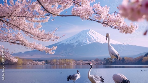 A Tranquil Japanese Spring Scene with Cherry Blossoms, Cranes, and Mount Fuji