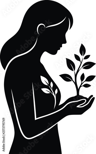 Elegant woman silhouette holding a small growing green plant with delicate leaves in black ink style