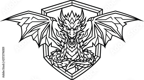 Dragon crest emblem featuring a winged mythical creature centered on a shield provides a bold and heroic graphic symbol suitable for sports team branding or fantasy gaming identities.
