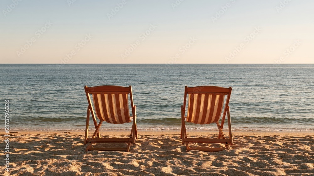 Fototapeta premium Two empty wooden deck chairs on sandy beach