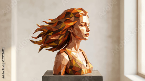 Woman sculpture in a warm metallic finish captures a side profile with stylized hair placed within a bright room.