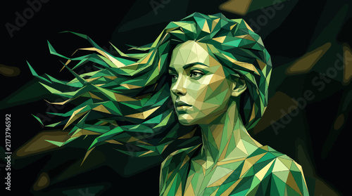 Forest spirit woman with flowing verdant hair gazes into the distance within a dark abstract space composed of sharp geometric facets.