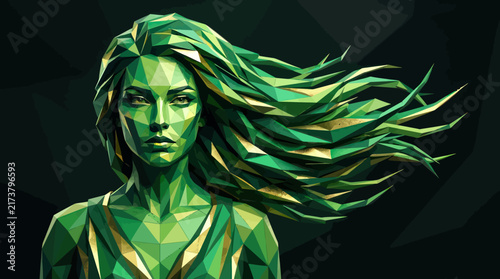 Emerald woman with stylized geometric hair stares directly forward in a deep atmospheric environment featuring sharp angular textures.