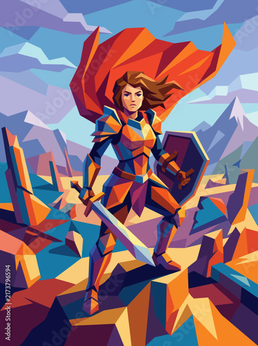 Warrior woman in golden armor stands triumphantly with a sword and shield amidst a jagged landscape of geometric mountains under a cloudy sky.