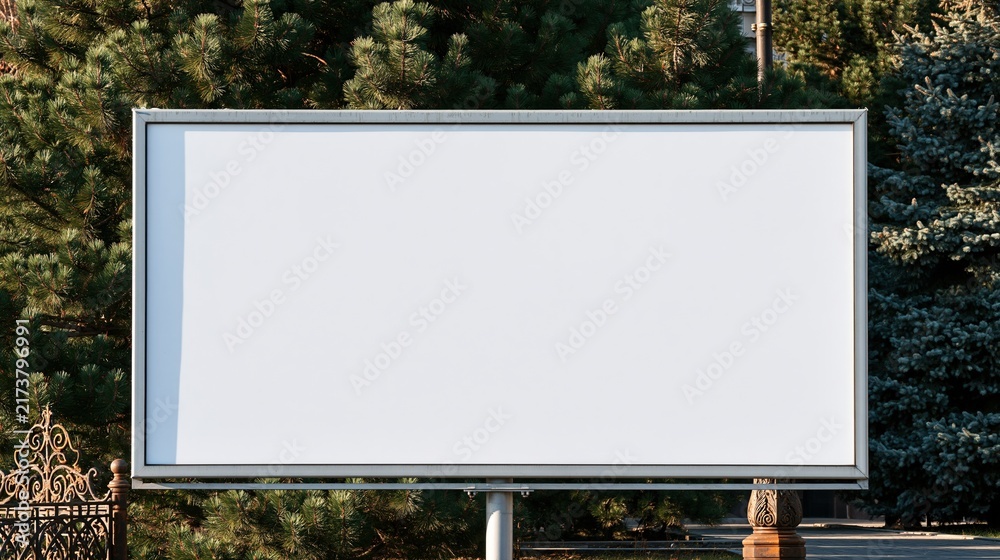 Fototapeta premium Blank white billboard in park with trees