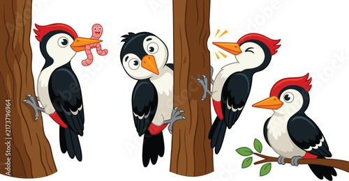 Bild auf Leinwand Cute Woodpecker Bird Character Vector Set Featuring Poses Pecking Tree Trunk Eat