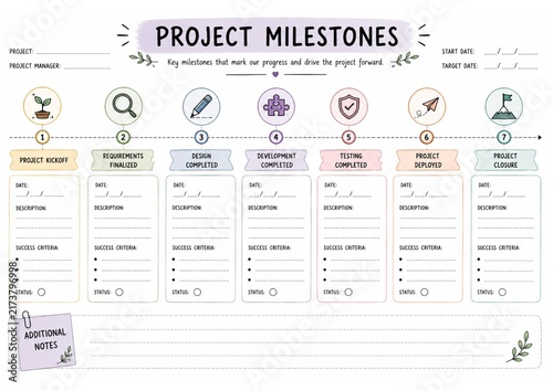 Project Milestones Planner Template. Hand-drawn project milestones template for tracking key achievements, dates, success criteria, status, and project progress from kickoff to closure. Ideal for plan