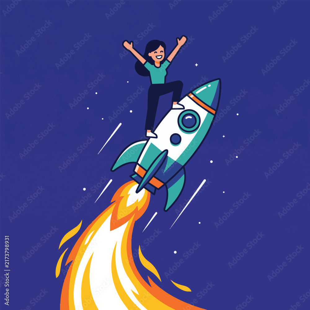Naklejka premium Woman celebrating on a launching rocket symbolizing business success, startup growth, entrepreneurship, ambition, career achievement, innovation, progress, motivation, opportunity and leadership.