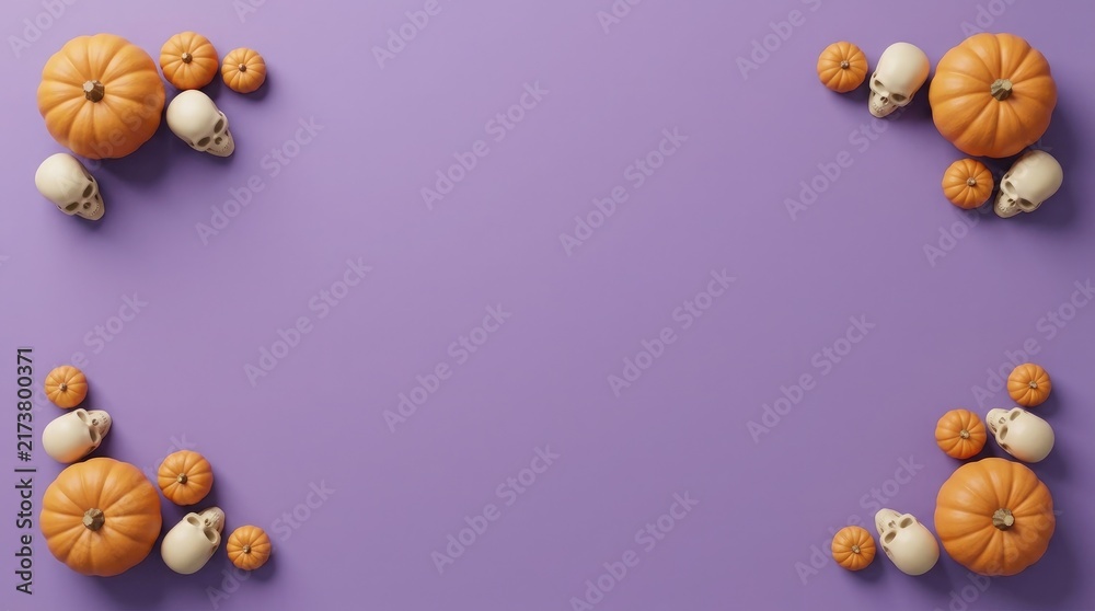 Fototapeta premium Autumn harvest of pumpkins and gourds arranged in corners on a lilac background