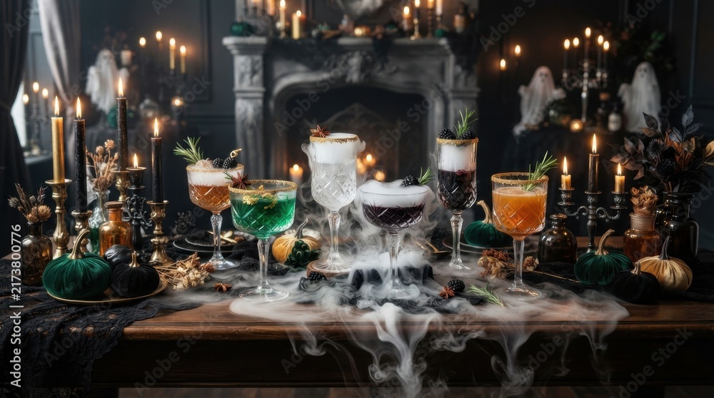 Obraz premium Spooky Halloween cocktails with dry ice and candles on a dark table setting