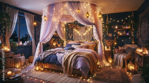 Cozy bohemian bedroom sanctuary with canopy bed and fairy lights