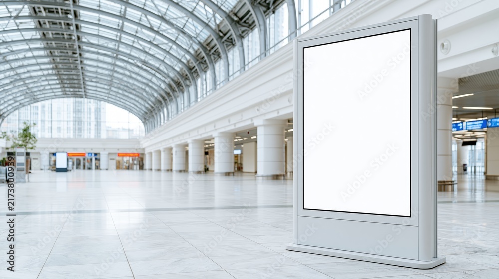 Naklejka premium Empty white advertising kiosk stands in bright modern
