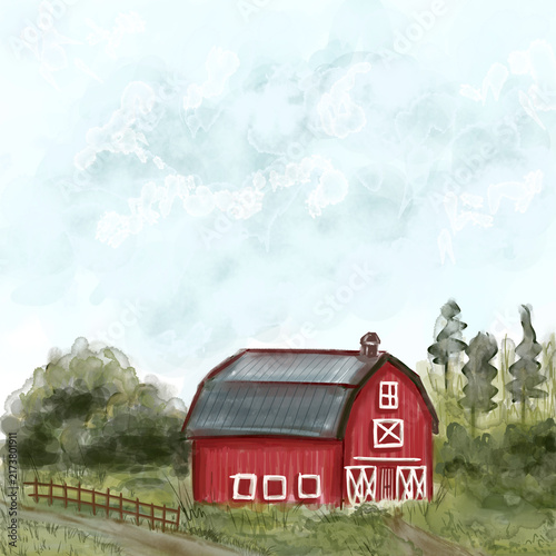 Red barn and blue sky on png transparent 

Watercolor red barn house landscape illustration with green trees and cloudy 

Hand drawn watercolor farm red barn house in countryside landscape.
