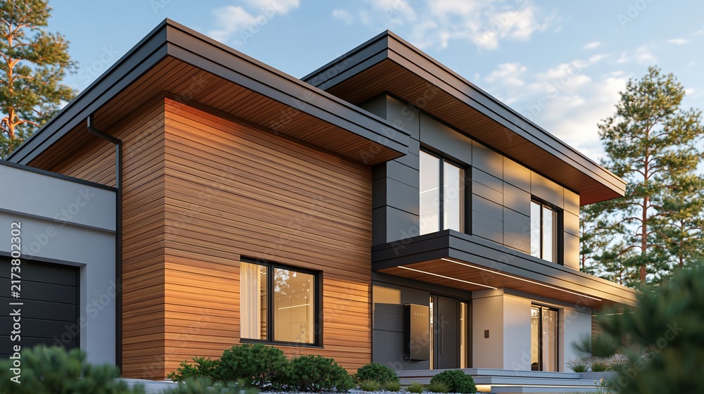 Fototapeta premium Modern house with wooden facade and large windows