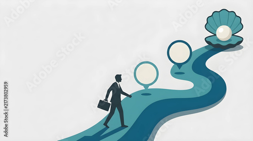 Ocean Blue Wave Path with Flowing steps, Walking Businessman Silhouette, Pearl Goal, Strategic Roadmap Flat Vector, Text Space on Top Right
