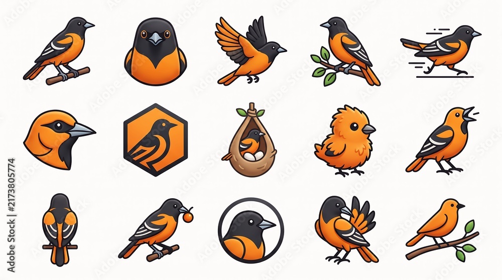 Obraz premium Orange and black orioles in various poses in a clean modern illustrative style isolated on white background