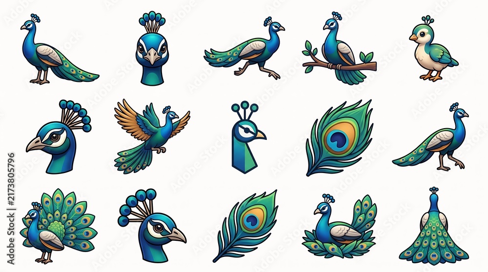 Fototapeta premium Peacock collection in assorted poses and close- with feathers isolated on white background