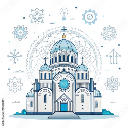 Front view vector illustration of a traditional cathedral with domes and decorative symbols orthodox church building facade