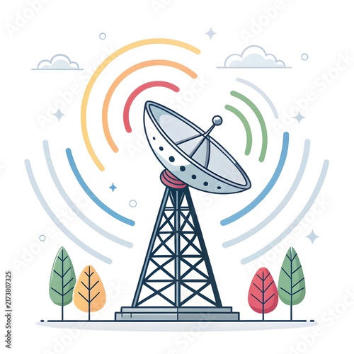 Large satellite communication dish antenna with radio waves and trees on a white background satellite communication technology