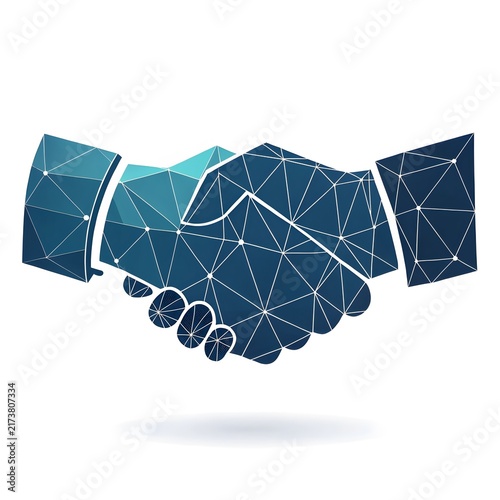 Abstract polygonal handshake representing partnership agreement and corporate business success with handshake