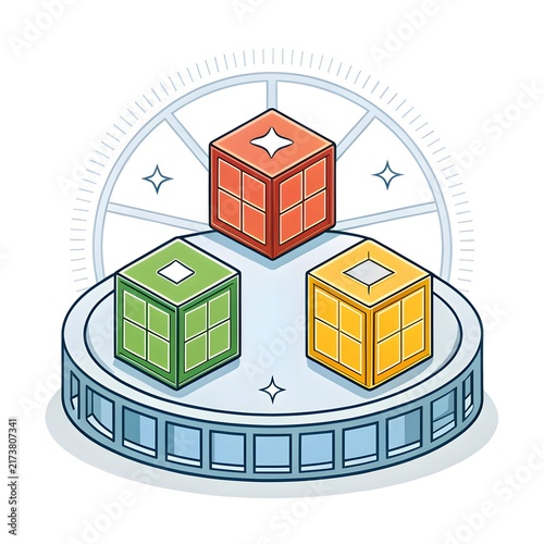 Isometric colorful cubes on a glowing circular platform with architectural line art background platform isometric colorful