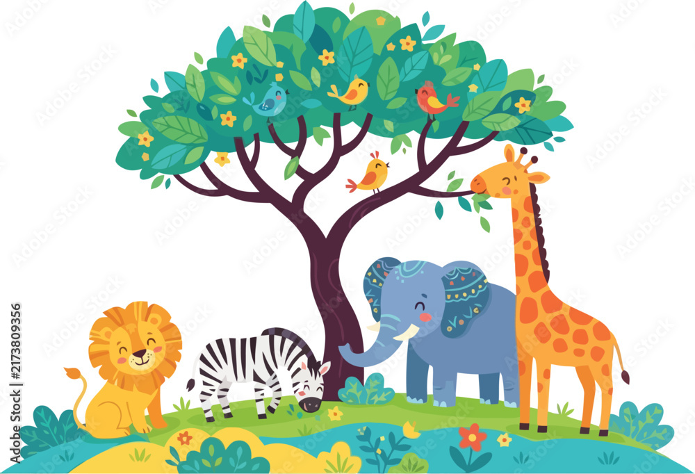 Naklejka premium A group of cute cartoon safari animals standing under a large green tree.