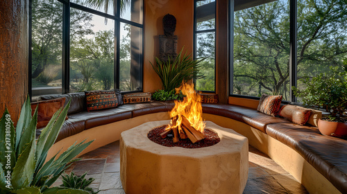 Cozy fireplace burning in bright sunroom with large windows and desert plants