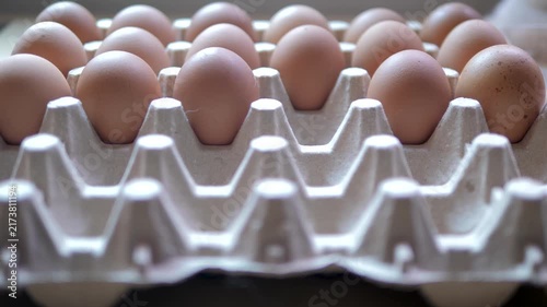 Close up of a hand selecting an egg from a carton, fresh eggs arranged for food preparation, grocery shopping, cooking, and everyday household use