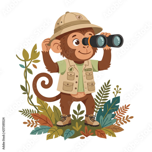 Explorer Safari Monkey with Binoculars Flat Vector
