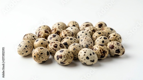 Small speckled quail eggs piled on a white background