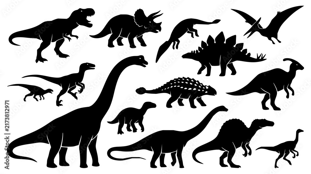 Obraz premium Dinosaur set with black silhouettes featuring Tyrannosaurus, Triceratops, Pterodactyl, Stegosaurus with Brachiosaurus and Velociraptor